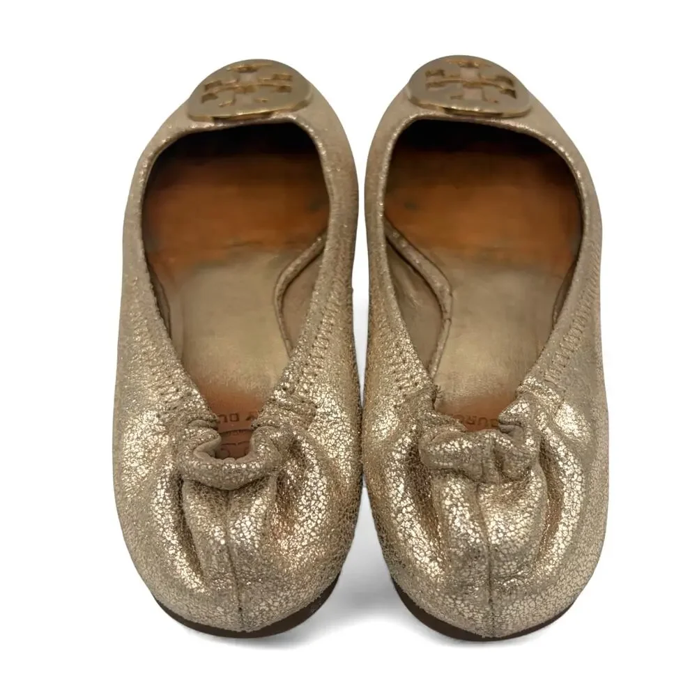 Tory Burch Minnie Travel‎ Metallic Gold Sz 7 Shimmer Medallion Flats w/ COA